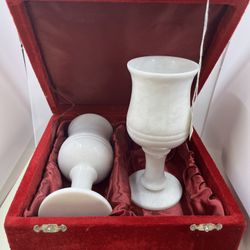 set of 2 Natural White stone POSSIBLY Marble Onyx Goblets in a case
