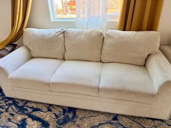 Beige 3-Seat Sofa with Nailhead Trim