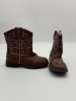 Kids Brown Cowboy Boots with Pink Stitching