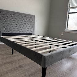 Brand New Queen Size Grey Velvet Platform Bed With Plush Mattress (Free Delivery)