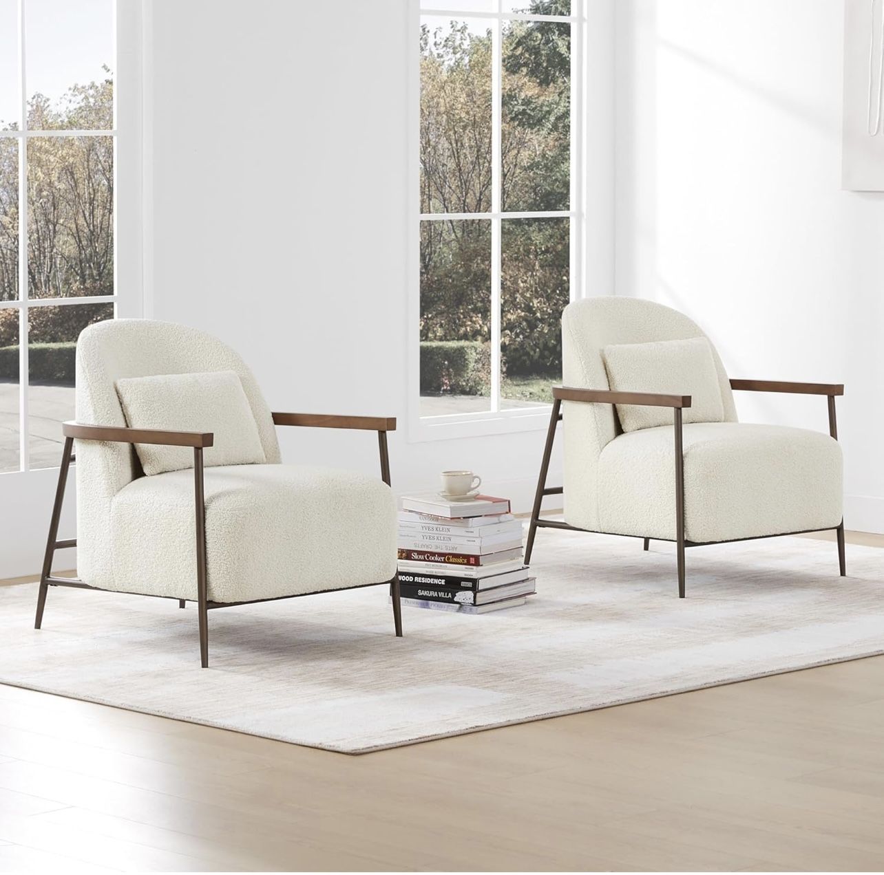 CHITA Accent Chair for Living Room Set of 2, FSC Certified Modern Upholstered Faux Sherpa Fabric Armchair with Metal Frame and Wooden Armrests, Ivory