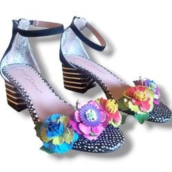 Betsey Johnson Lore Sandals Shoes Floral Black Stripe Block Heels Size 6