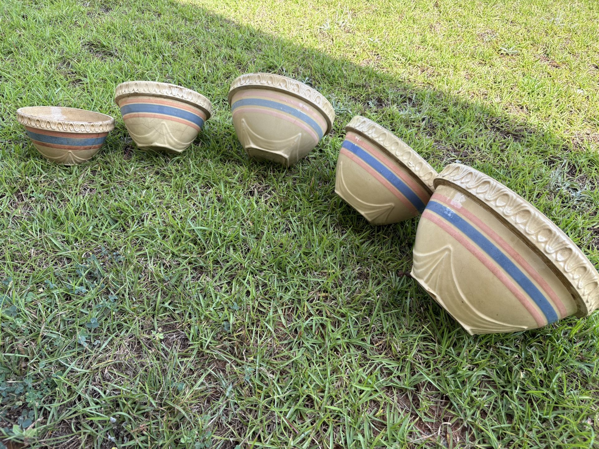 Set of 5 Vintage McCoy USA Stoneware > Yellowware Pink and Blue Stripe Bowls...
