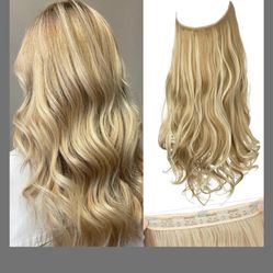 SARLA Invisible Wire Hair Extensions With 3 Clips Long Synthetic Wavy Curly Hairpiece Adjustable Transparent Headband For Women 16 Inch Honey Blonde/B