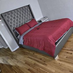 GREY BED - Extra Tall Diamond Headboard 🛏️ FAST DELIVERY !!