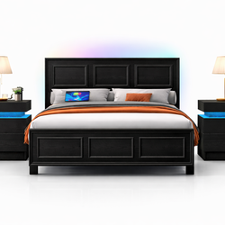 Black Bed Frame with LED Headboard + 2 LED Nightstands - all brand new in the box