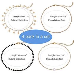 Gold Star Pearl Choker Necklace -4 Pieces Set Dainty Pendant Handmade Necklace for Women Girls