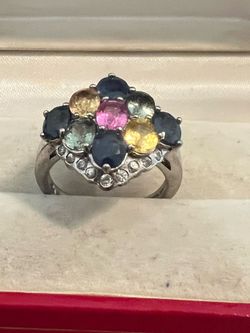 Ladies 925 Silver Multi-Colored Stones Ring Sz 6.5