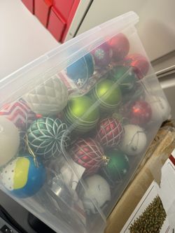 Large Assorted Christmas Ornament Set + Storage Bin (Holiday Decor)