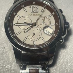 Rare Na Hoku Stainless Steel Chronograph Automatic Watch W/Koa Wood Inlay Band