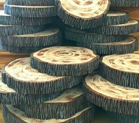 Styrofoam tree slices wooden slabs wedding party decorations centerpiece favor candles jars flower vases candy dessert rustic vintage