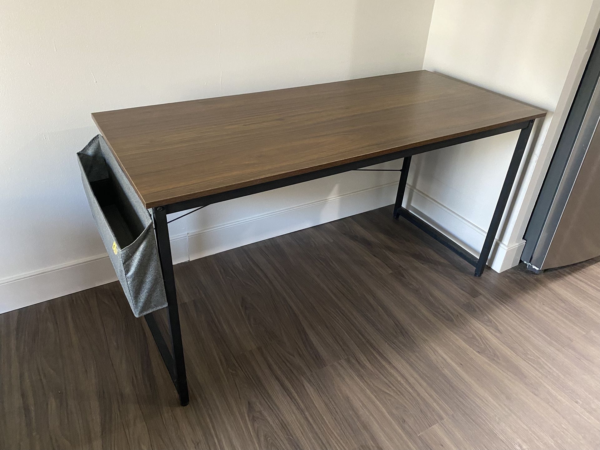 55” Wood Desk with Iron Base and Fabric Storage