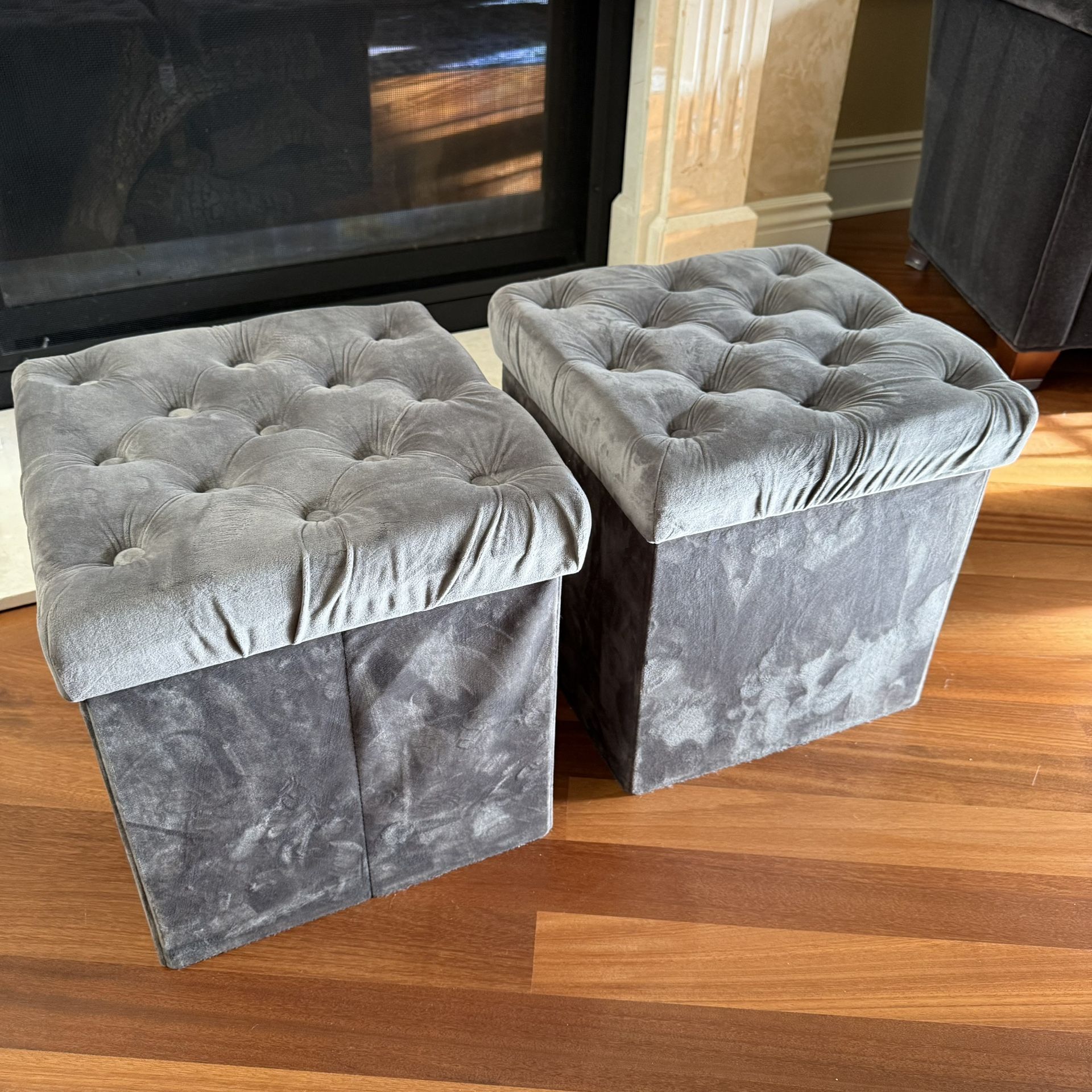 Storage Ottoman Cube Set Grey Velvet Collapsible 