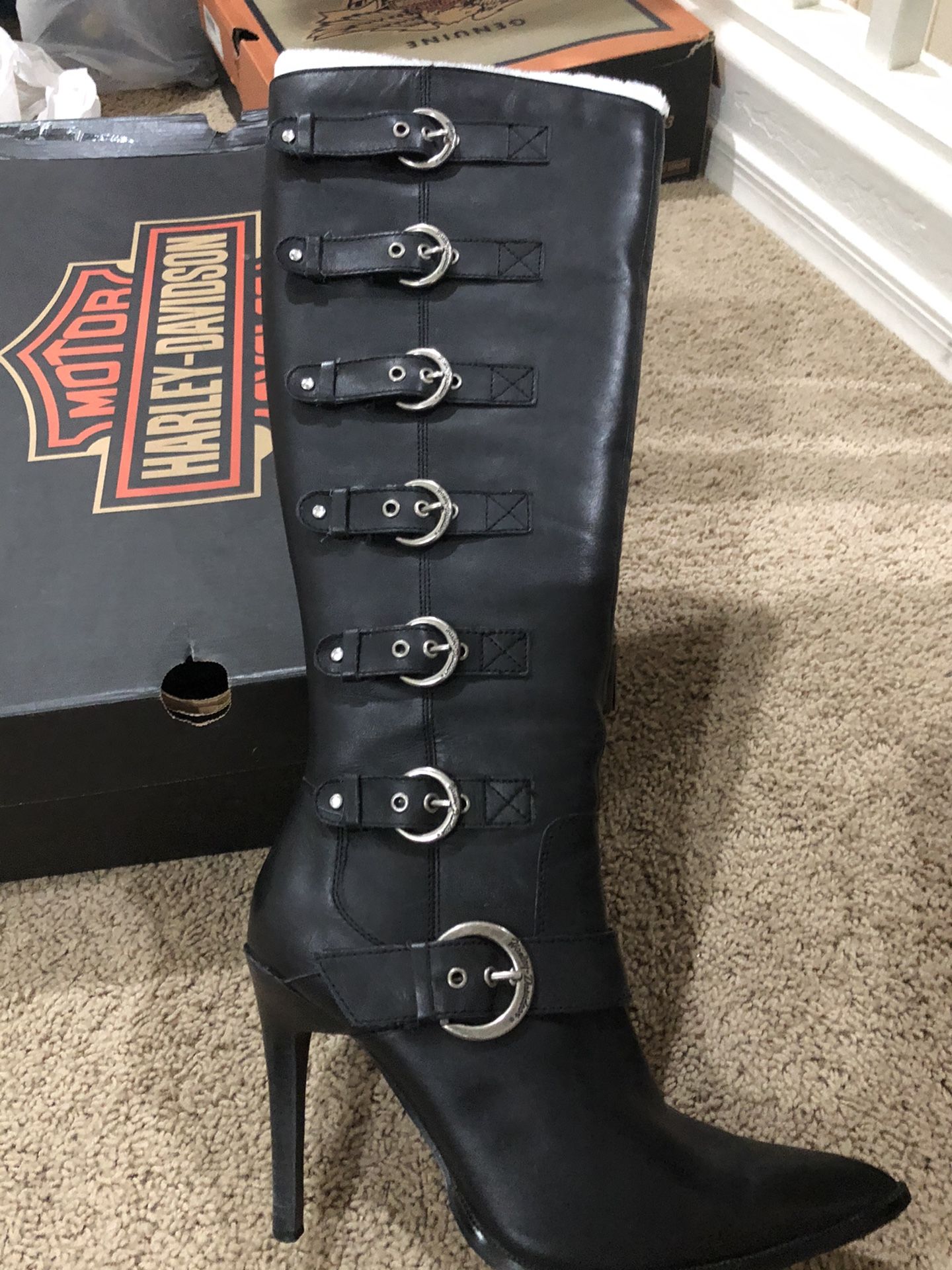 Harley Davidson stiletto tall boots with buckles and large