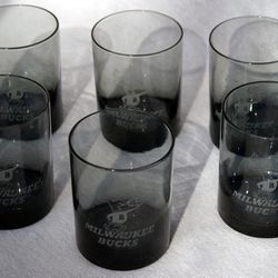 1970's Milwaukee Bucks Mecca Arena V.I.P. Lounge Etched Bango Smoked Whiskey Glasses! • Set of 6 • MINT shape!