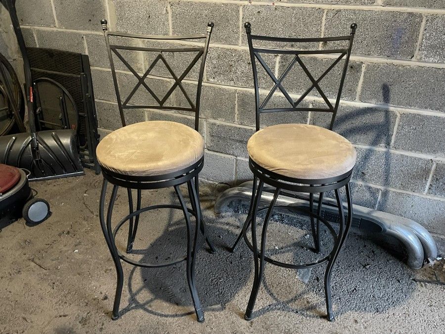2 Barstools Tan Faux Suede Metal Sturd Spinnig