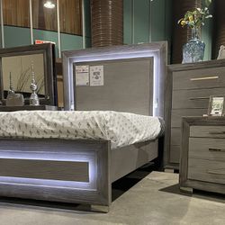 Queen Bed - Gray Bed With LED Lights In Headboard
