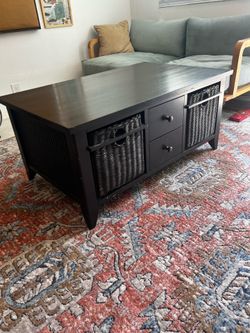 Storage Coffee Table with Wicker Baskets & Drawers