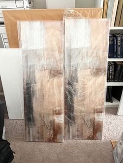 LARGE Brown, Grey & Black Stretched Canvas Wall Art | Set of 2 | Each 16" x 48"