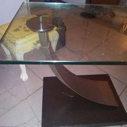 Table With Glass Top Attachment To Metal And Wood Base 