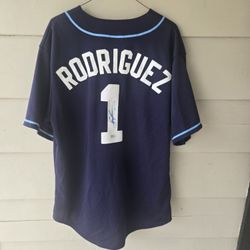 SEAN RODRIGUEZ AUTOGRAPHED TAMPA BAY DEVIL RAYS JERSEY MAJESTIC NWT SIZE L