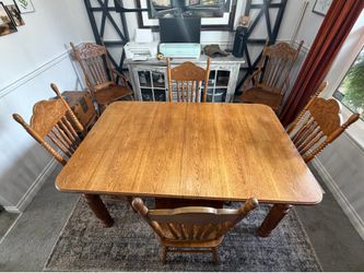 Solid Oak Dining Table Set – 6 Chairs + 2 Leaves