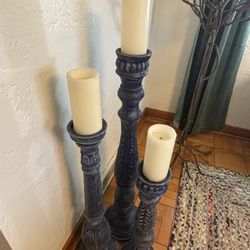 Set of 3 Large Decorative Floor Candlesticks – Distressed Blue Finish with Cream Pillar Candles