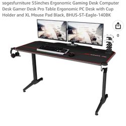 55” Ergonomic Gaming Desk Computer With Cup Holder And Mouse Pad Cover Paid Over $200 And Chair And Carpet Roller Pad Black Red