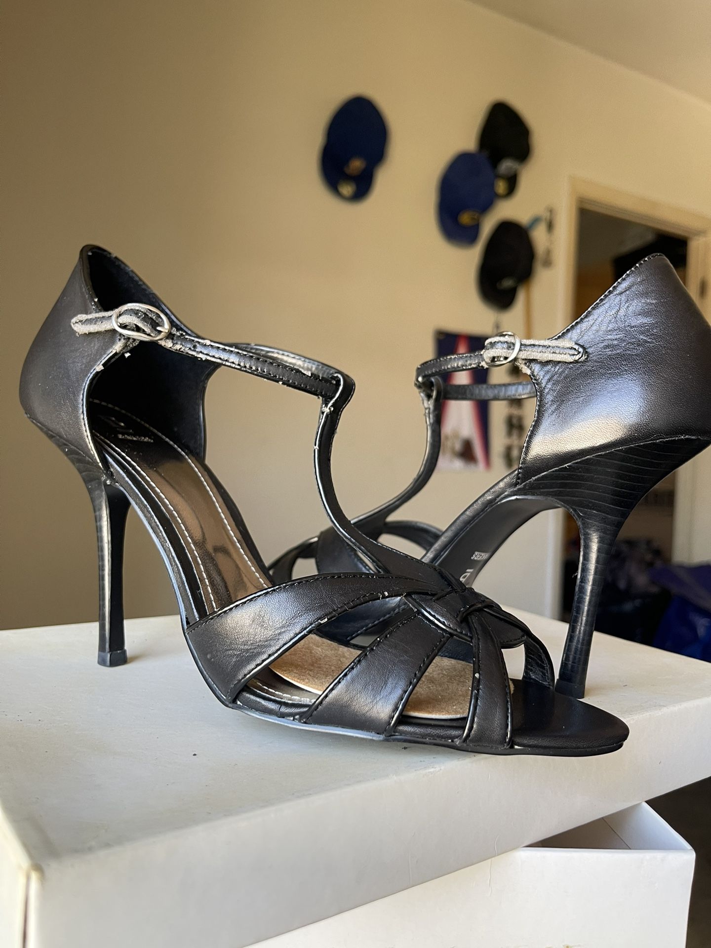 Black Beatrice Open Toed Stilettos w/ Strap