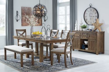 Moriville Beige Dining Table w/6 Chairs and Bench (Online Special Price)