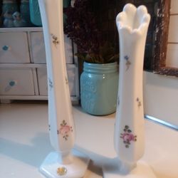 Milk Glass, Pair Of Painted Bud Vases