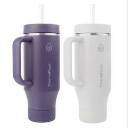 ThermoFlask 40 oz Insulated Stainless Steel Tumbler with Handle and Straw Lid, 2-pack