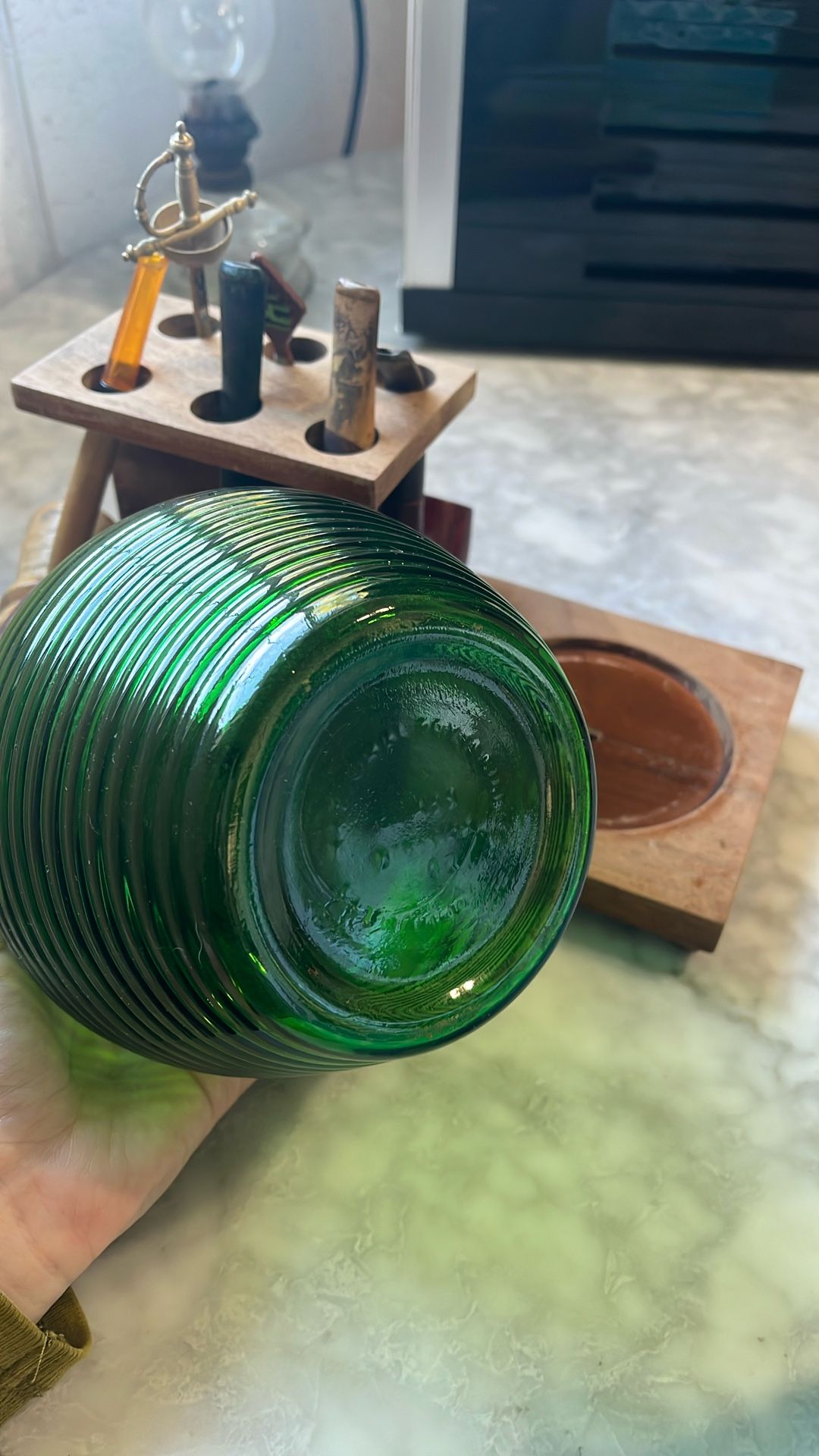 Vintage Walnut Pipe Rack with Green Glass Humidor 