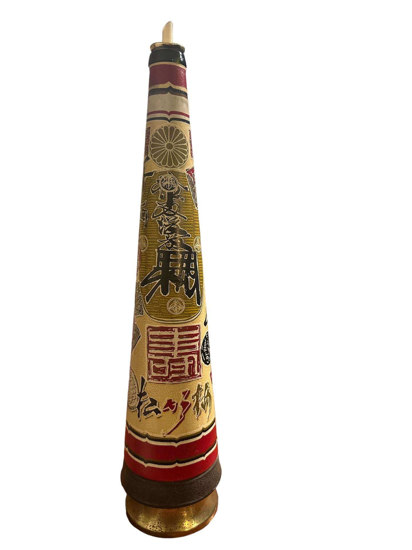 Musical Japanese Liquor Decanter plays "How Dry I Am" Musical Japanese Liquor Decanter that is made of ceramic and in a cone shape, decorated with Jap