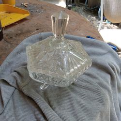 Vintage Cut & Etched Six Sided Covered Candy Dish With Three Feet!