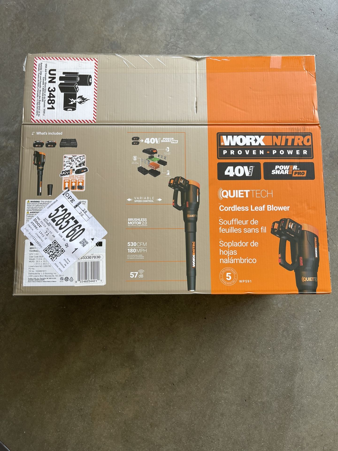 GOOD CONDITION WORX Nitro Power Share Quiet Tech 40-volt 530-CFM 180-MPH Battery Handheld Leaf Blower 4 Ah