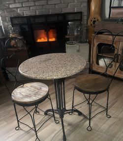 Bistro Table French Style Cast Iron & Granite 3 Leg, Jointed, 2 Parlor Chairs