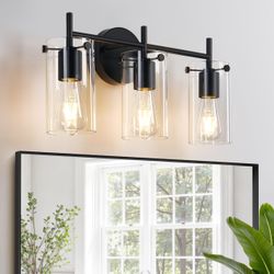 Indoi Bathroom Light Fixtures, 3-Light Matte Black Vanity Light, Black Bathroom Lights Over Mirror With Clear Glass Shade, Wall Sconces For Mirror Bed