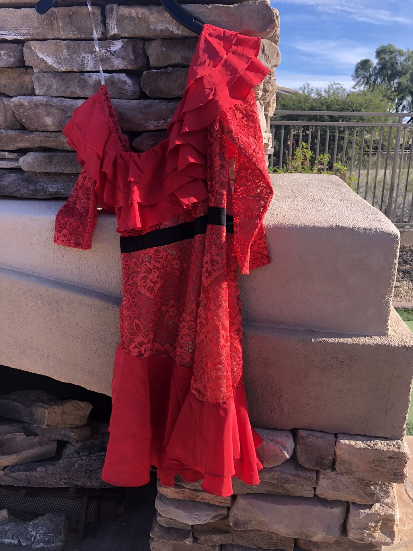 Long Sleeve Midi Dress Red Lace Ruffle Dress Pretty Little Thing Red Cold  Shoulder Ruffle Detail