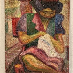 Incredible 1962 Textured Figural Oil Painting of Woman Knitting signed Golden