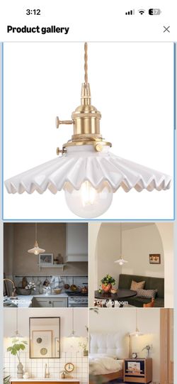 Shenmoyl Pendant Light with White Pleated Ceramic Lmapshade, Brass Vintage Pendant Light Adjustable Hanging Light for Kitchen Island Dining Room Hallw