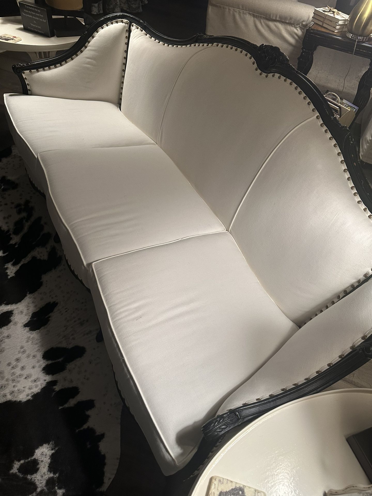 VINTAGE SOFA WHITE UPHOLSTERY WITH PAINTED BLACK TRIM