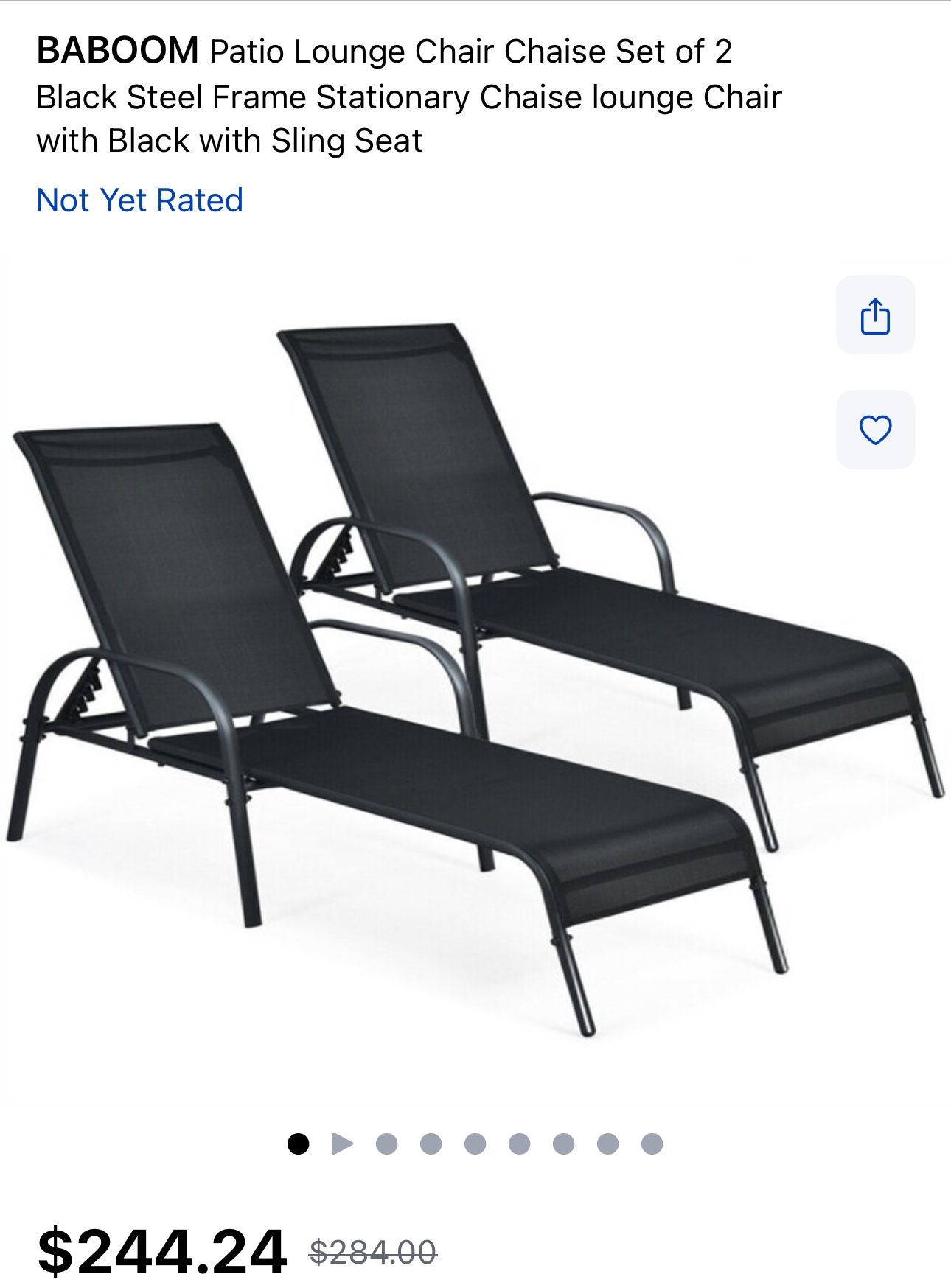 BABOOM Patio Lounge Chair Chaise Set of 2 Black Steel Frame Stationary Chaise lounge Chair with Black with Sling Seat