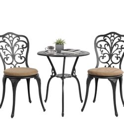 1588e  Bistro Table and Chairs Set of 2 Outdoor 3 Piece Patio Set with Cushion Butterfly Pattern Cast Aluminum Bistro for Garden Balcony, Durable Rust