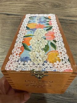 Vintage wooden box 8” x 4” x 4.5” mandarins and lace decor with more sequins and pearls decor. Cottage