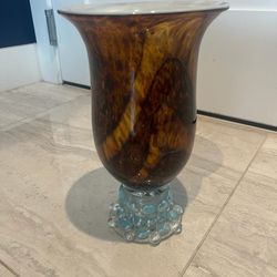 Amber glass vase with stone base  12” x 8”