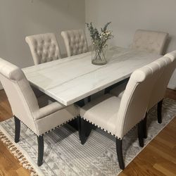 Marble Top Dining Table & 6 Beige Tufted Chairs