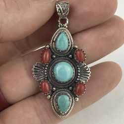 Sterling Silver Turquoise Coral Pendant 