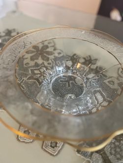 Glass Bowl with Gold Rim and Etched Floral Design