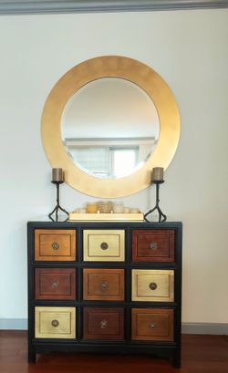 Multicolor 9 drawers wood chest with glass top! Dimensions:W36.5 x H35 x 18 gold leaf color mirror